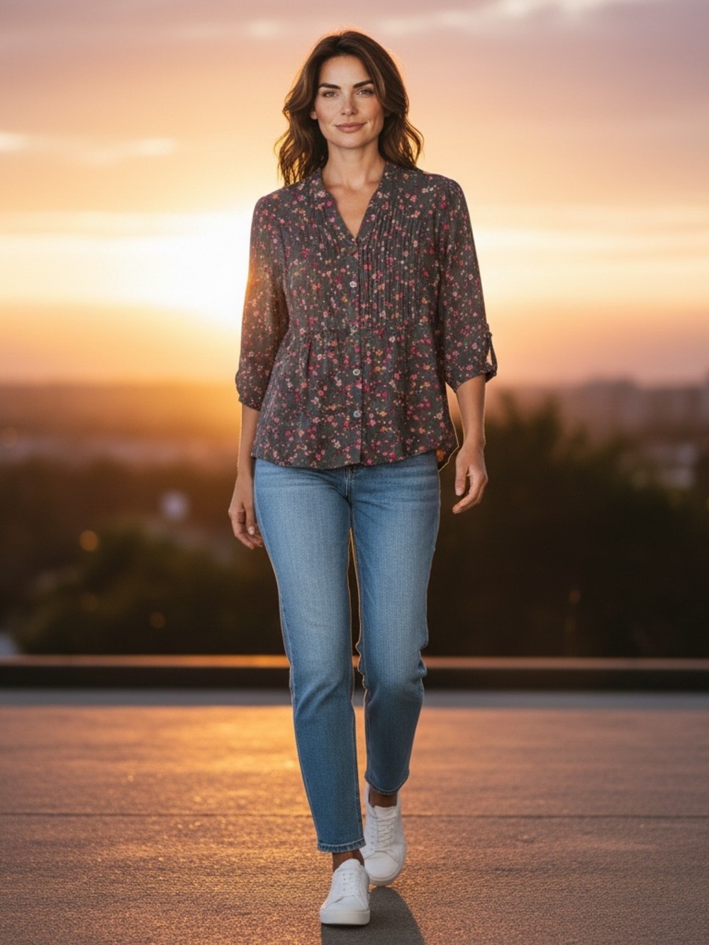 Matilda Jane S Floral Shirt Pintuck V-Neck Button Front Tunic Top Brown Pink - Picture 7 of 7